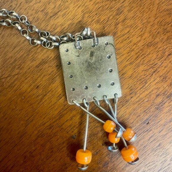 Vintage Brutalist Pendant Necklace with Orange Beads - Picture 5 of 7